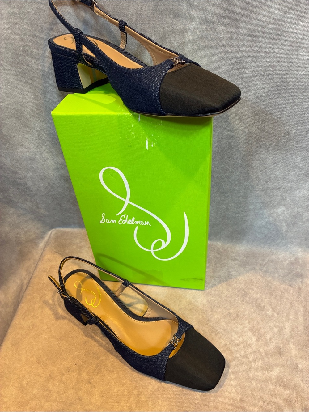Sam Edelman Black & Navy Denim “Tara” Slingback Square-Toe Block Heel Sandals